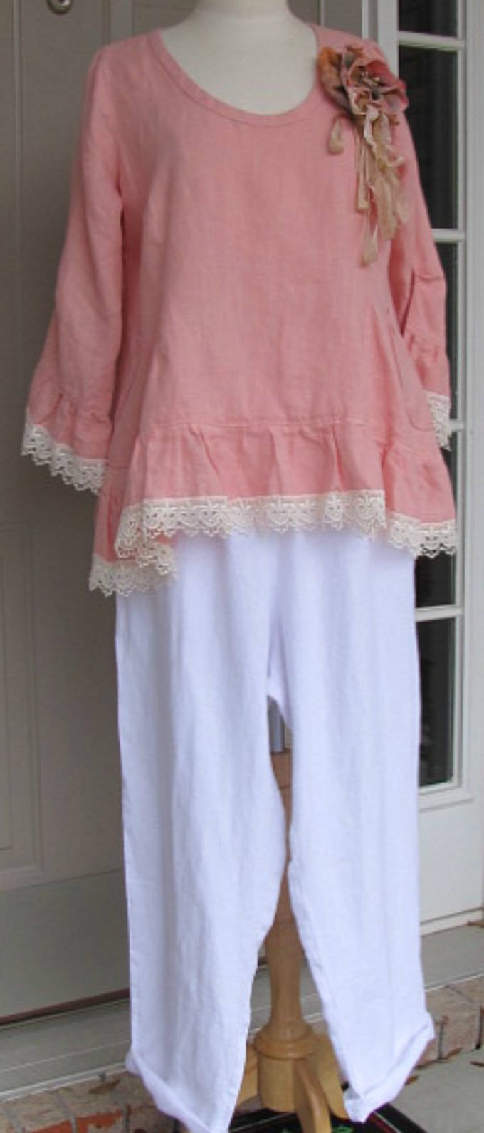 Ladies 100% Pink Linen Ruffle Rosie Top with Venise Lace
