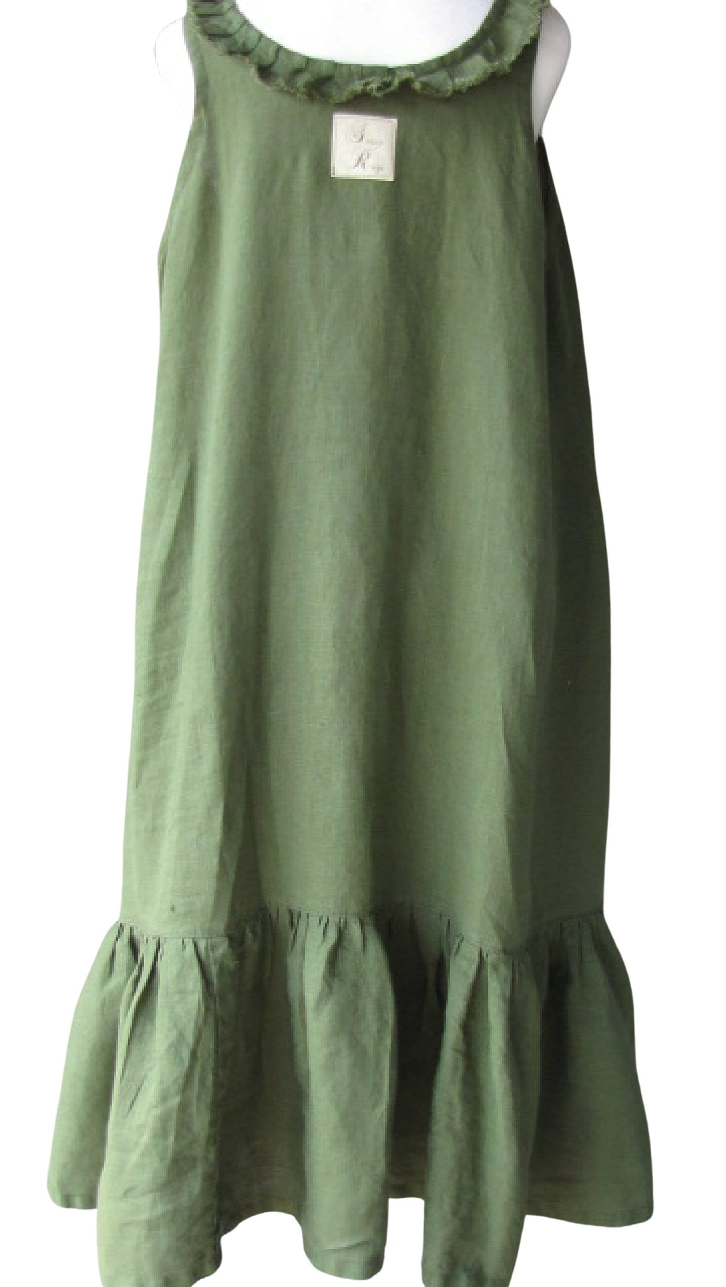 Sage Green Linen Dress - Ruffle Collar Midi with Pockets and Tiered Hem