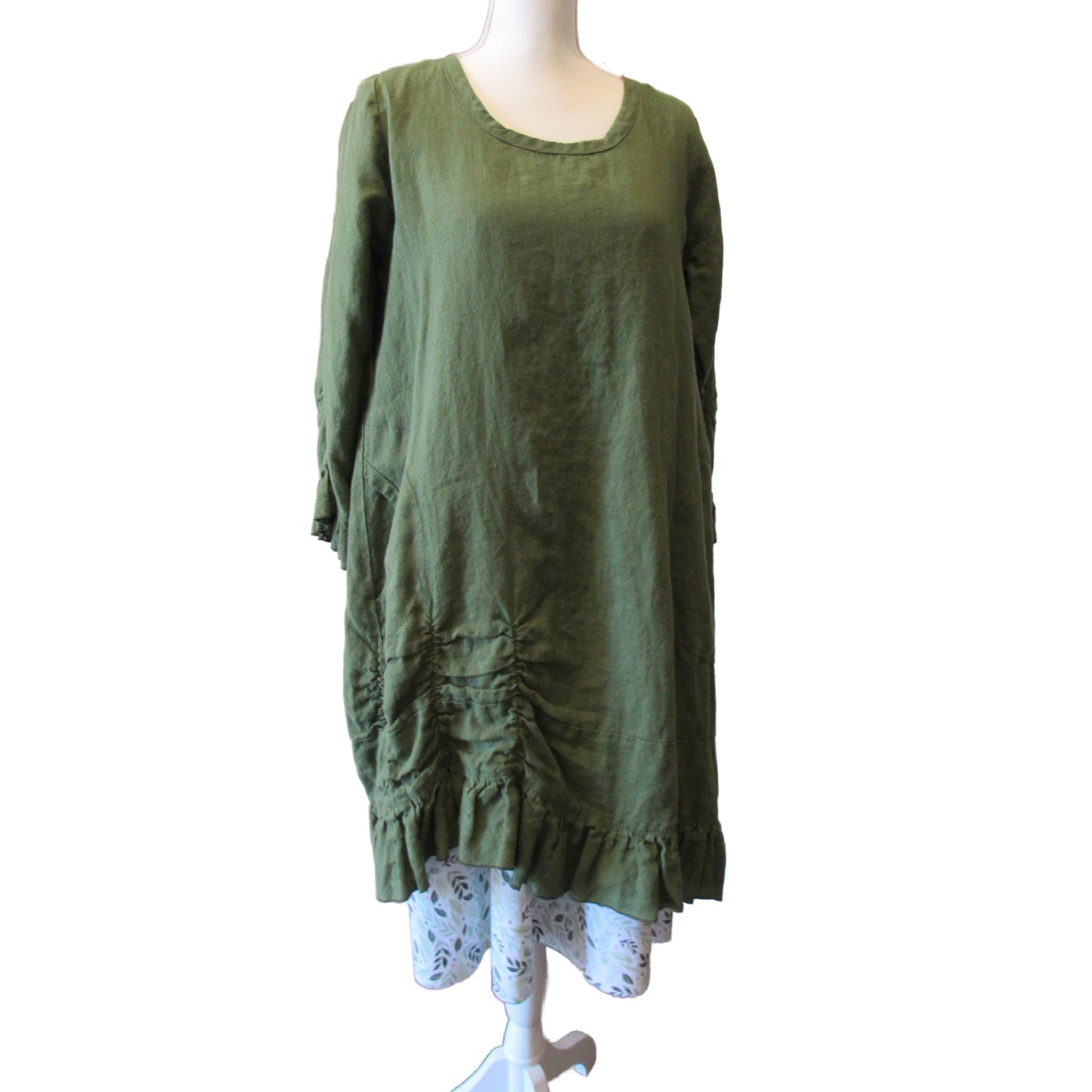 White Cotton Tank Slip Dress with Green Floral Ruffle