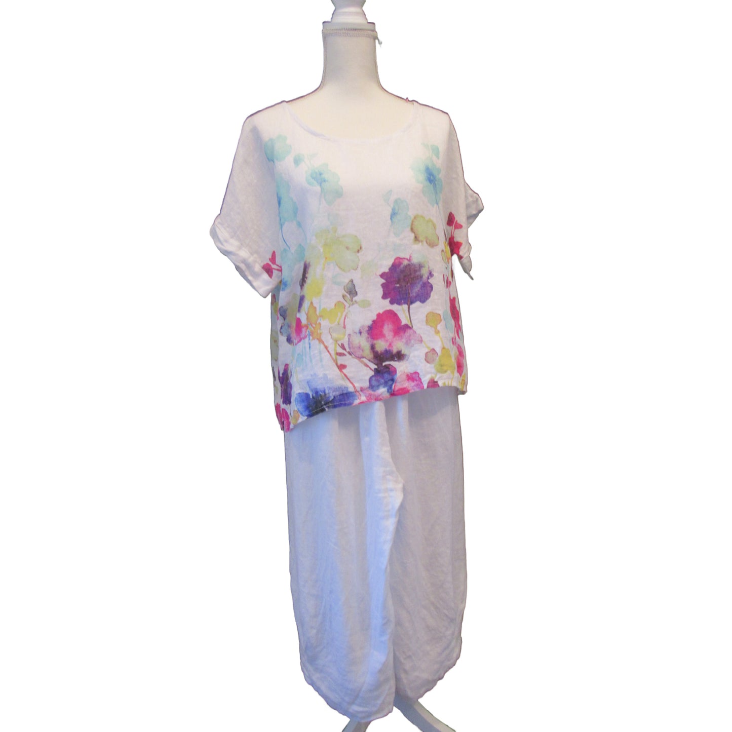 Italian Printed White Linen Blouse | Short Sleeve