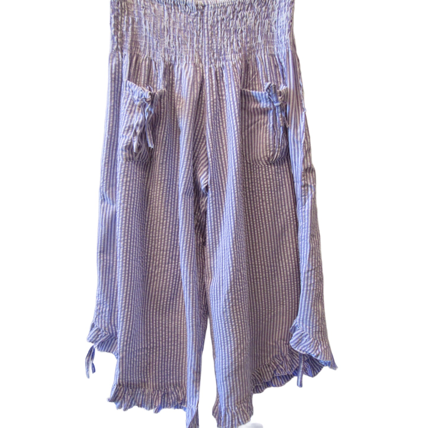 Cotton Wide Leg Bloomer Pants - Striped with Elastic Waist & Tie Pockets