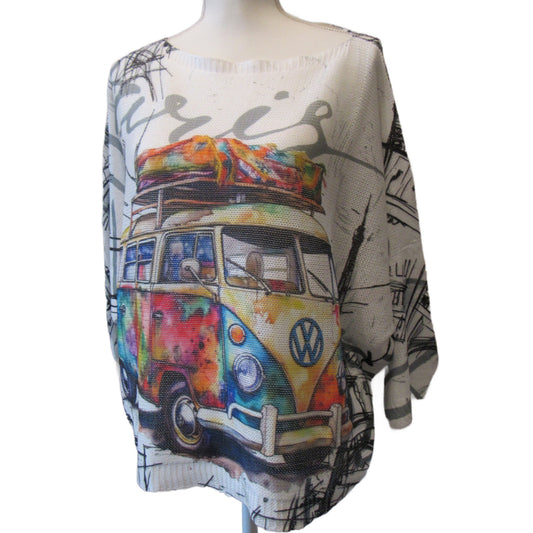 Loowie VW Van Multicolor Knit Printed Sweater - One Size
