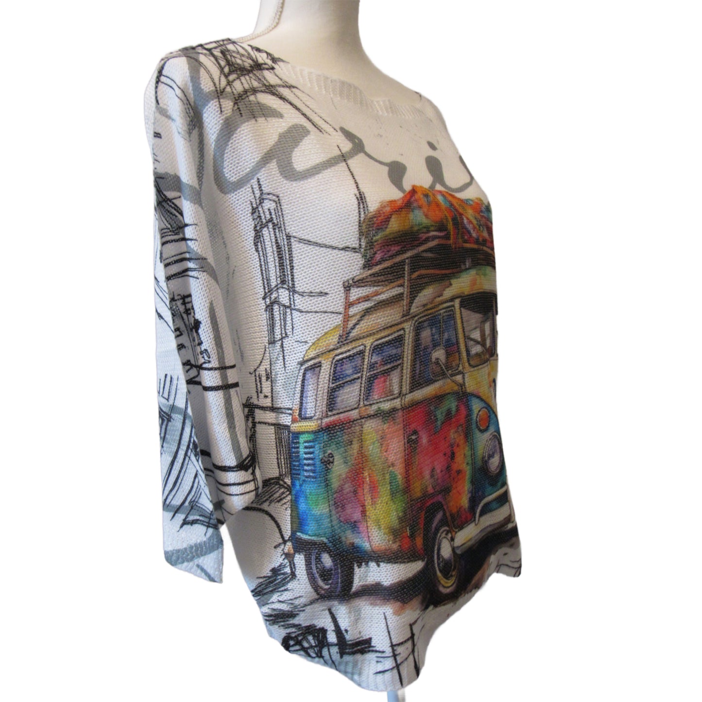 Loowie VW Van Multicolor Knit Printed Sweater - One Size