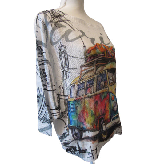 Loowie VW Van Multicolor Knit Printed Sweater - One Size
