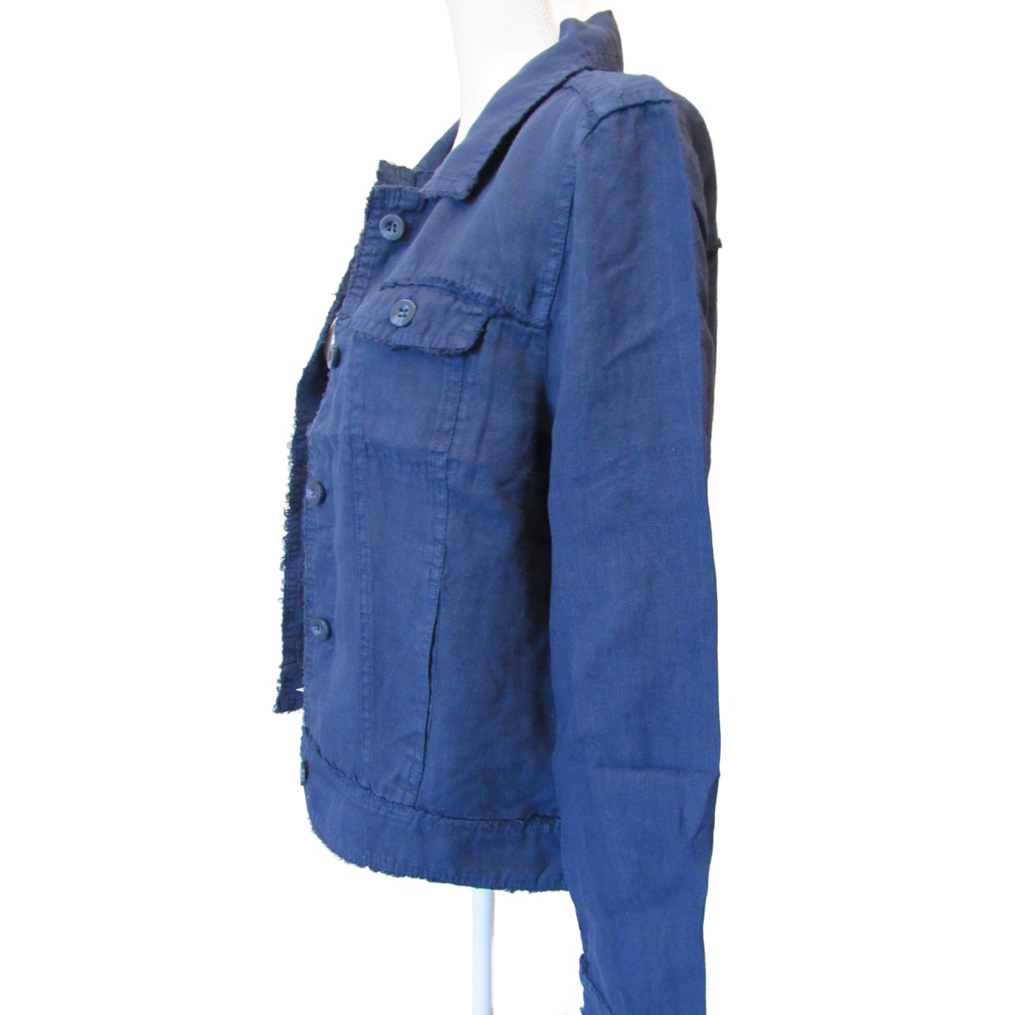 Lulu-B Navy Linen Frayed-Edge Button-Front Jacket