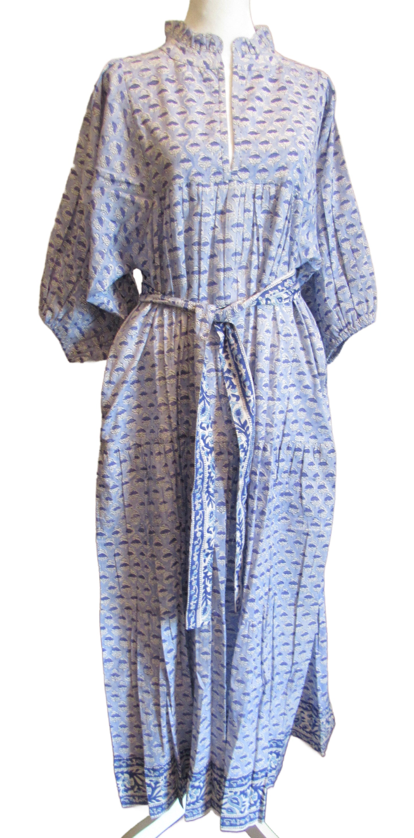 Blue floral block print dress with matching tie sash