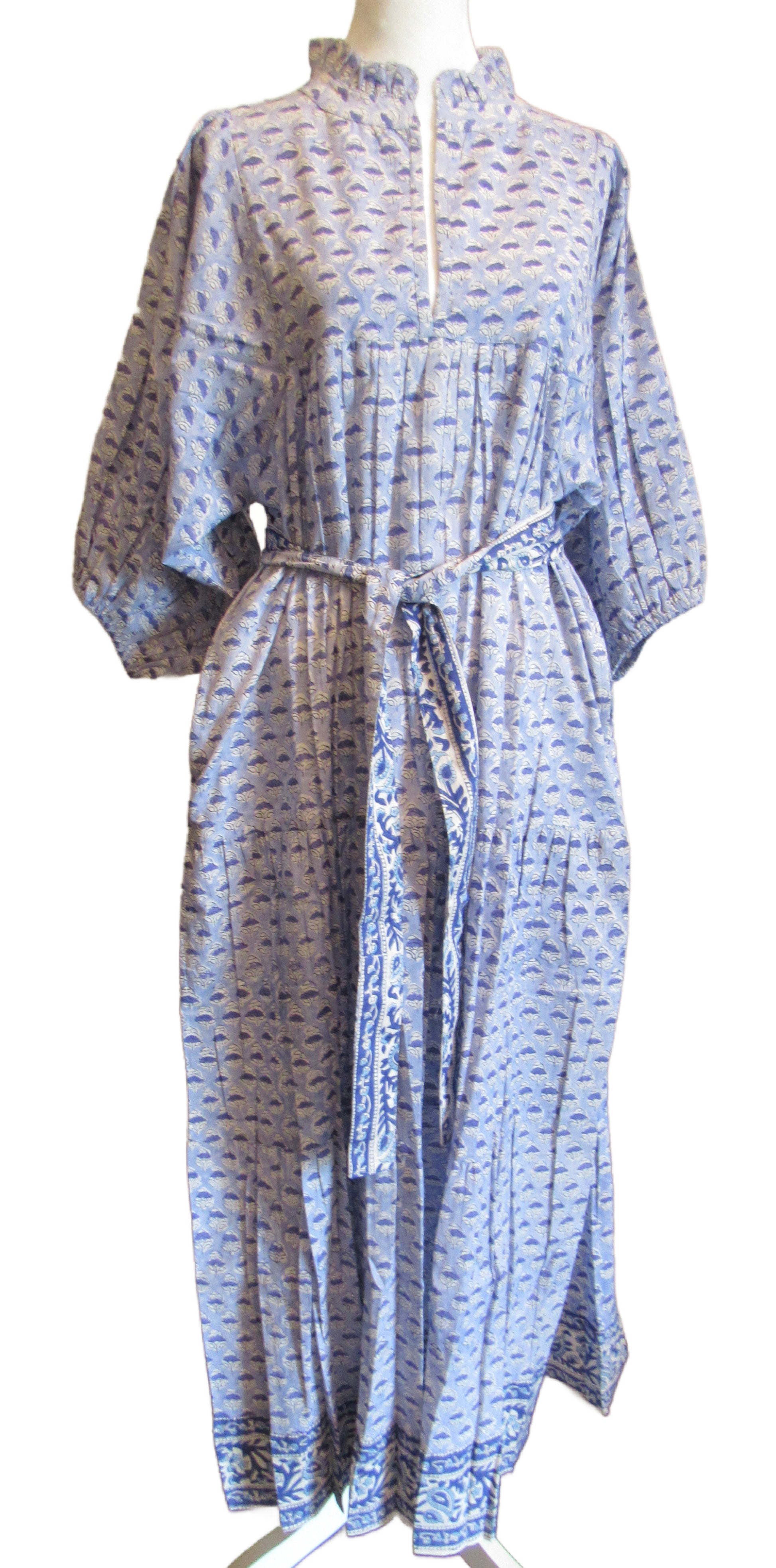 Blue floral block print dress with matching tie sash
