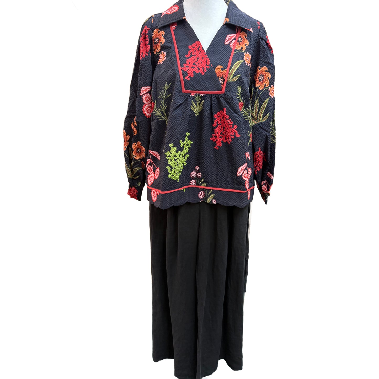 Umgee Floral Embroidered Top: Navy Blue with Colorful Flowers & Red Piping Trim