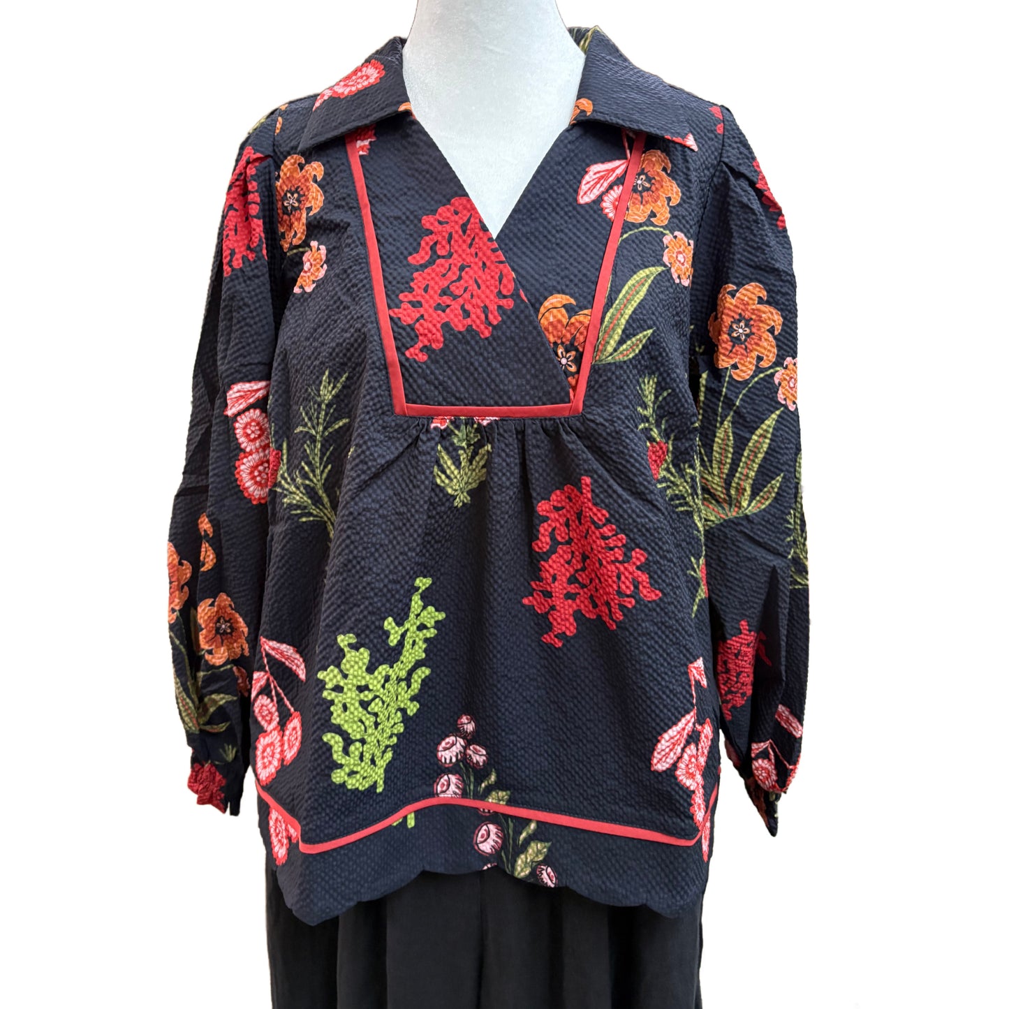 Umgee Floral Embroidered Top: Navy Blue with Colorful Flowers & Red Piping Trim