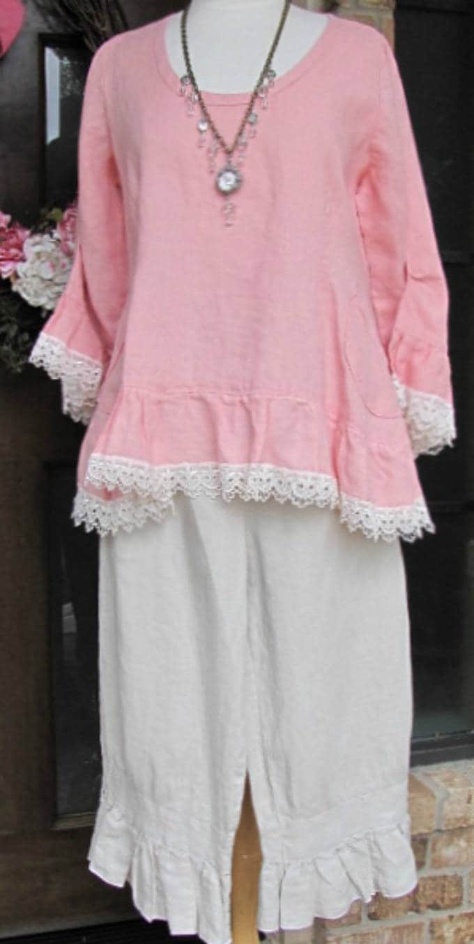 Ladies 100% Pink Linen Ruffle Rosie Top with Venise Lace