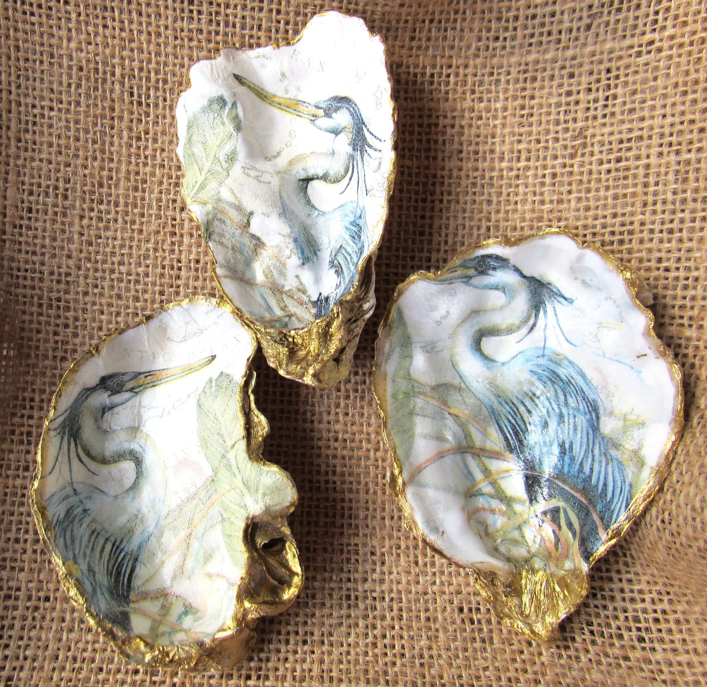 Handpainted decoupaged and gilded oyster shell dish