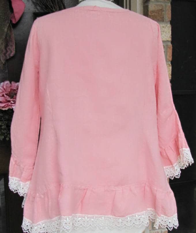 Ladies 100% Pink Linen Ruffle Rosie Top with Venise Lace