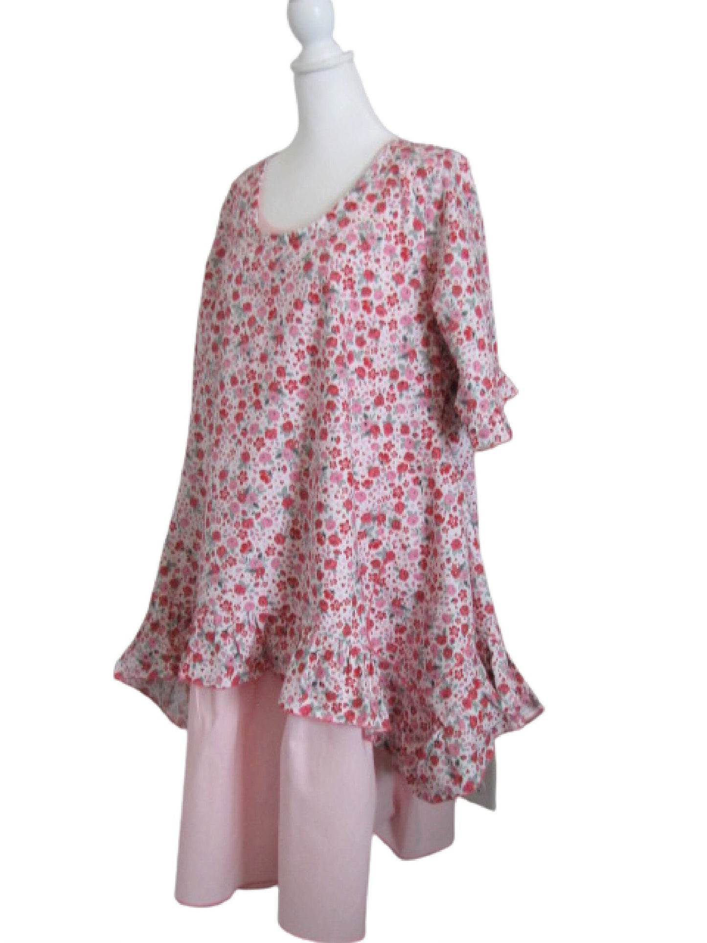 Pink Floral Swing Top - 3/4 Ruffle Sleeve Cotton Top with Ruffled Hem (S-M)