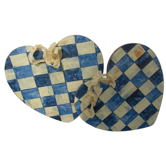 Handmade Blue & Cream Checkered Heart Decor - Set of 3