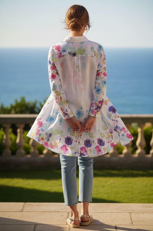 Italian Watercolor Floral Linen Blouse