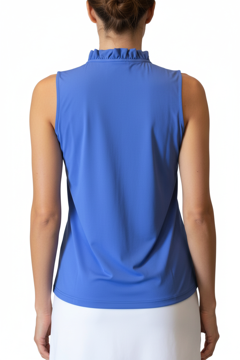 Blue Sleeveless Ruffle Collar Top - Elegant Sleeveless Blouse