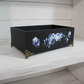 Hand-Painted Bamboo Storage Box with Blue Florals - Black with Brass Feet