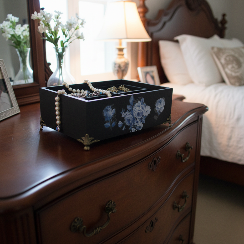 Hand-Painted Bamboo Storage Box with Blue Florals - Black with Brass Feet