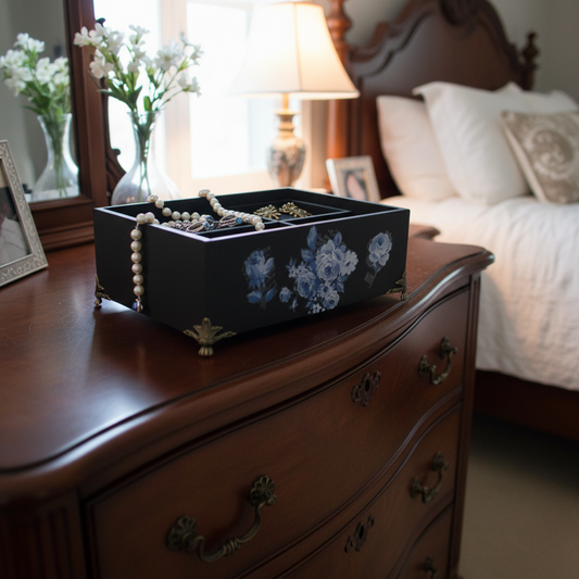 Hand-Painted Bamboo Storage Box with Blue Florals - Black with Brass Feet