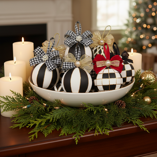 Whimsical Hand-Painted Oversized Christmas Baubles - Black & White with Gold Accents