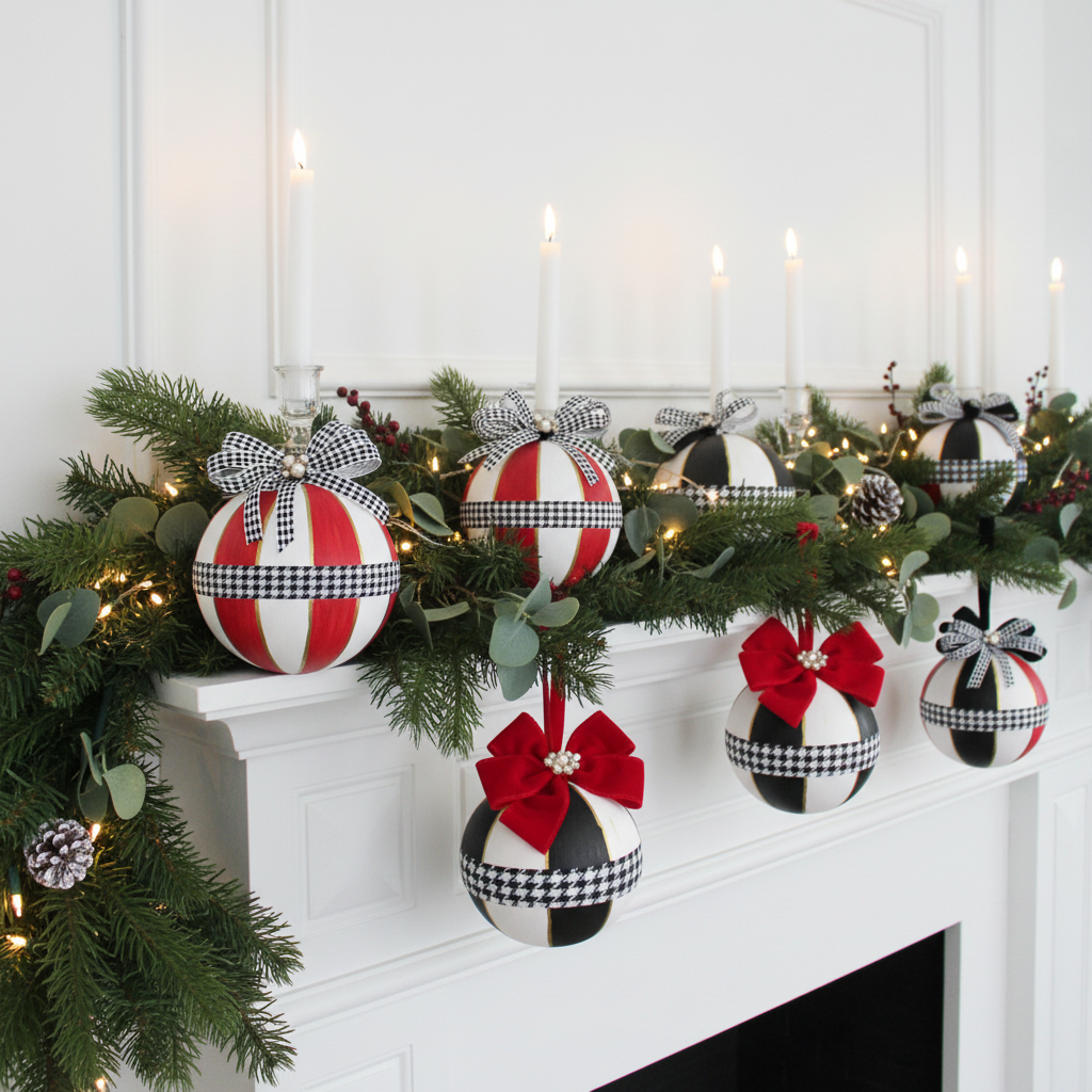 Whimsical Hand-Painted Oversized Christmas Baubles - Black & White with Gold Accents