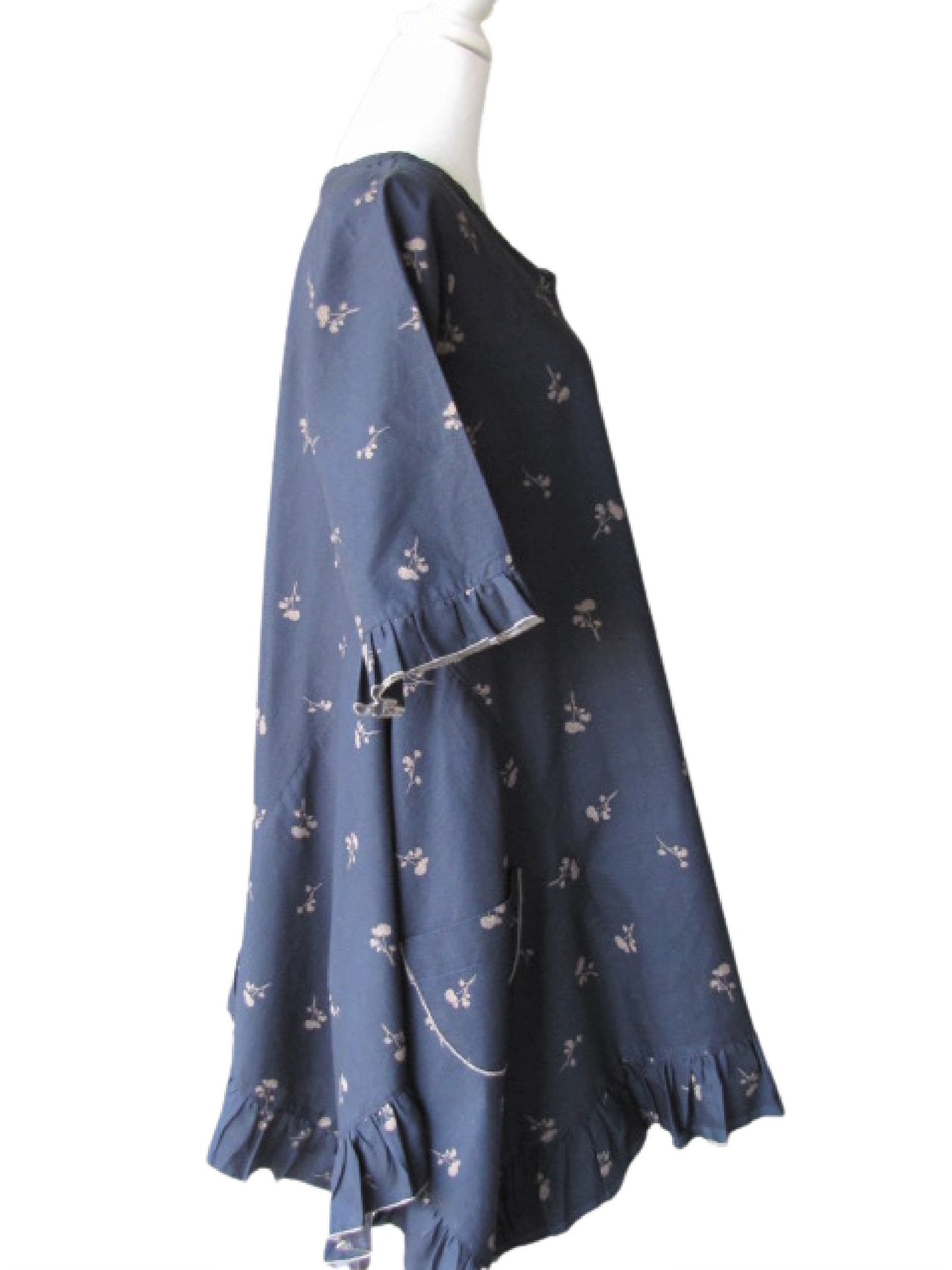 Floral Cotton Swing Top - Navy Blue Ruffle Tunic, Size Small