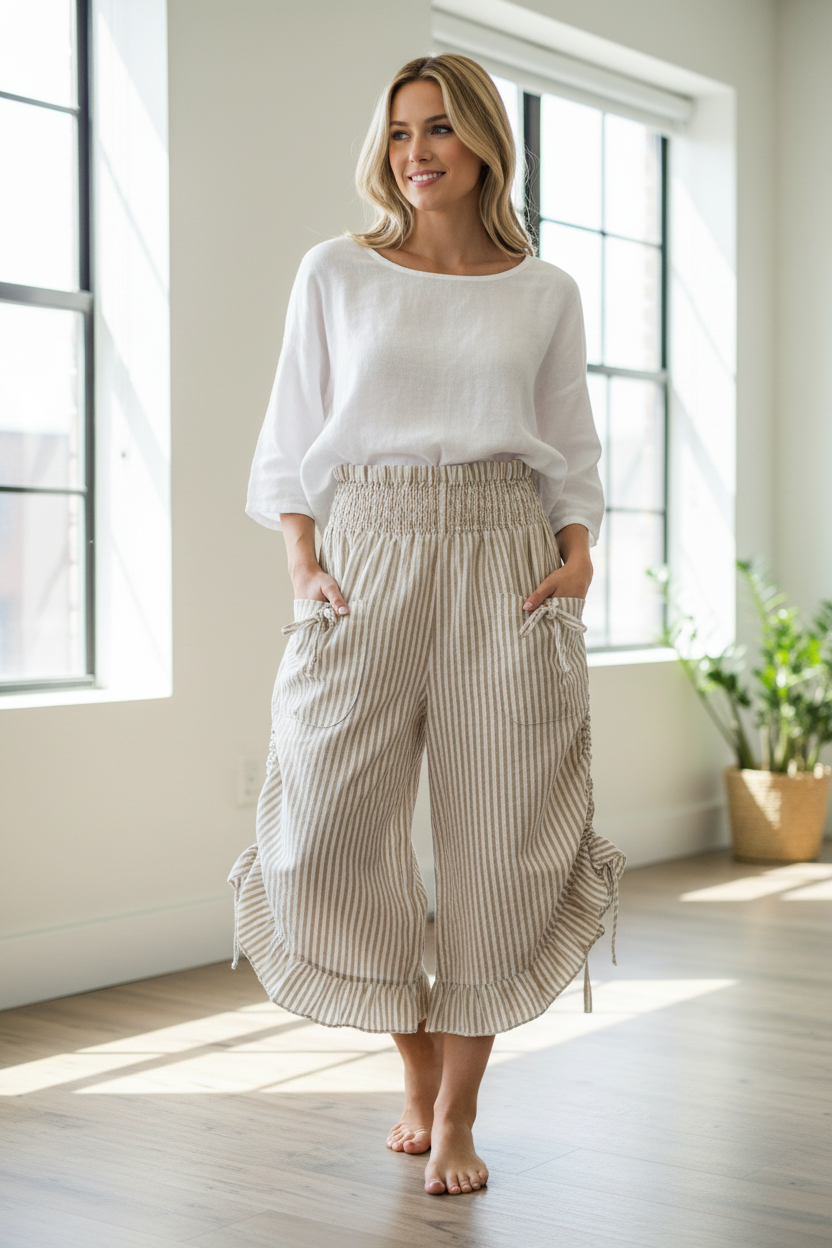 Cotton Wide Leg Bloomer Pants - Striped with Elastic Waist & Tie Pockets