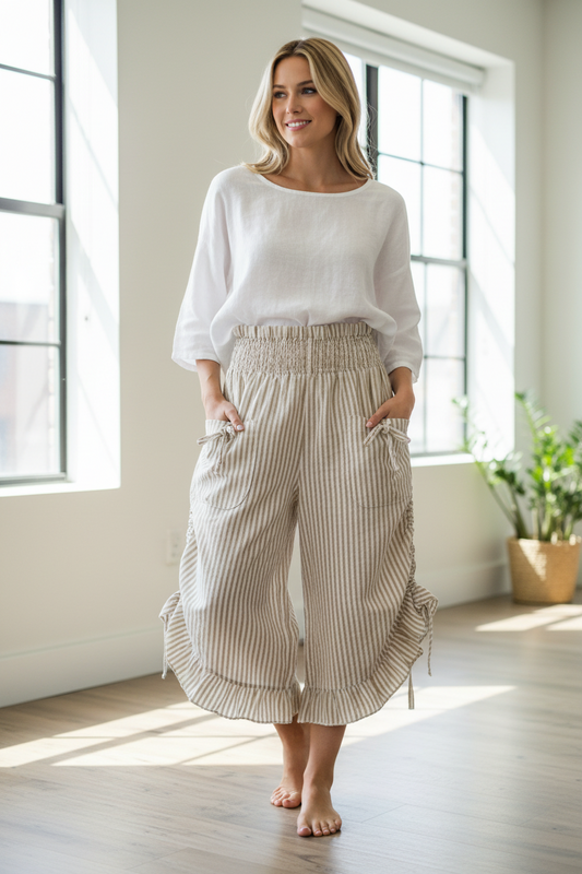 Wide Leg Cotton Capri Pants: One Size Ruffle Tie, Elastic Waist - Striped (Red, Dark Blue, Grey)