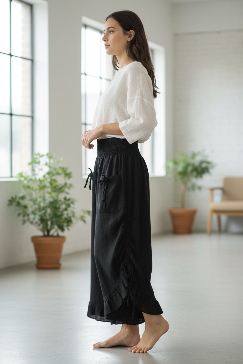 Cotton Wide Leg Bloomer Pants - Solid Colors with Elastic Waist & Tie Pockets