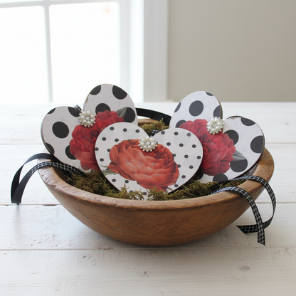 Handmade Black & White Heart Decor with Red Roses - Set of 3