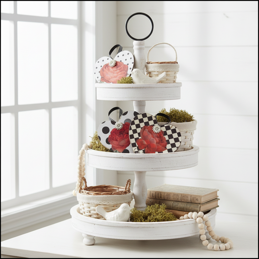 Handmade Black & White Heart Decor with Red Roses - Set of 3