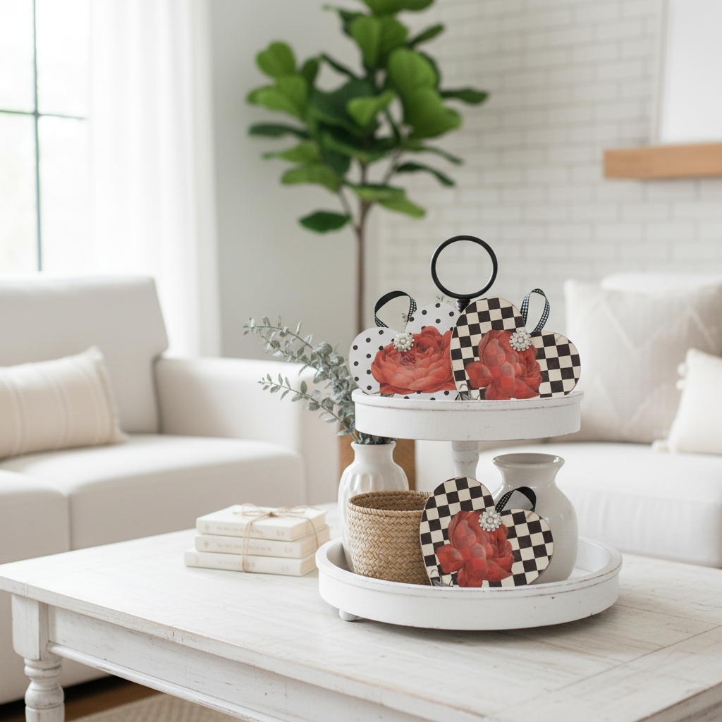 Handmade Black & White Heart Decor with Red Roses - Set of 3