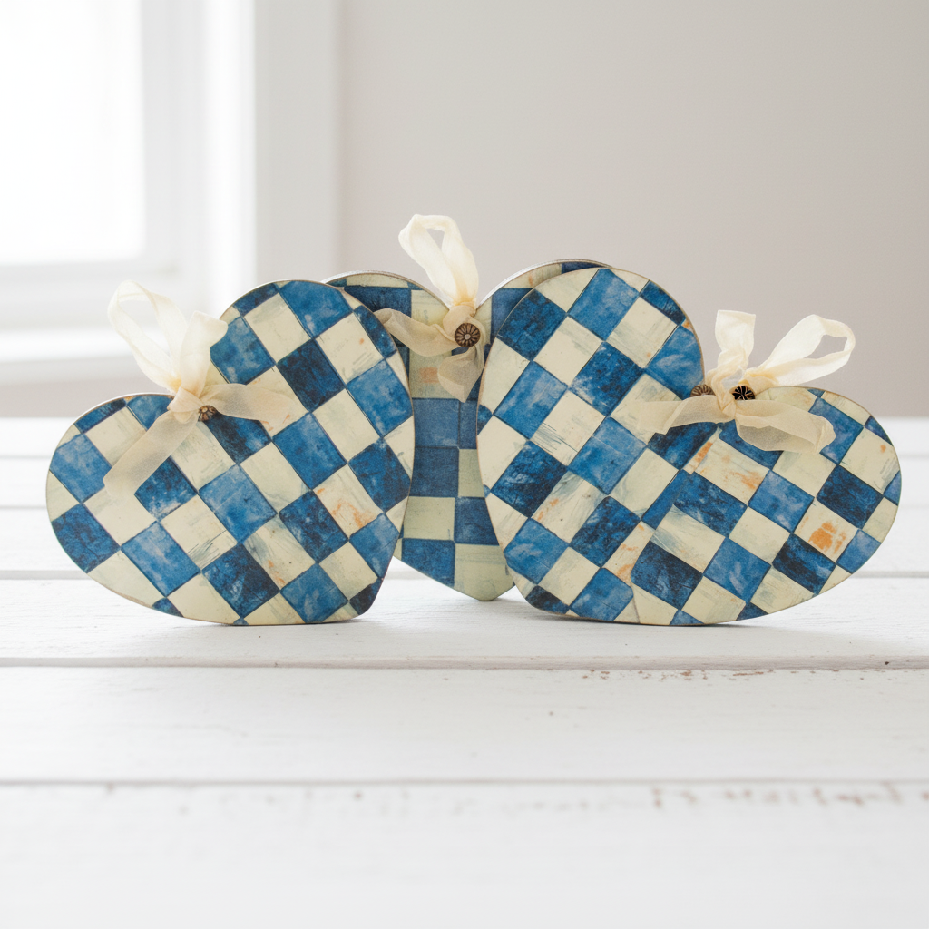 Handmade Blue & Cream Checkered Heart Decor - Set of 3