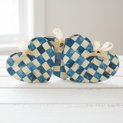 Handmade Blue & Cream Checkered Heart Decor - Set of 3