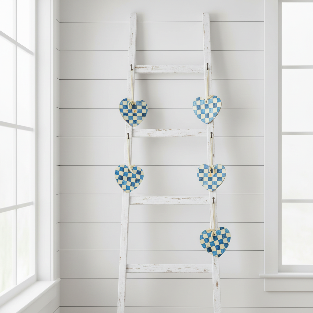 Handmade Blue & Cream Checkered Heart Decor - Set of 3