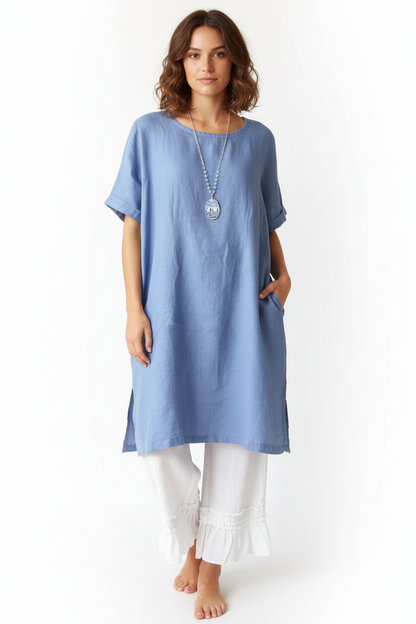 Handmade Linen Kaftan Tunic with Side Slits and Pockets