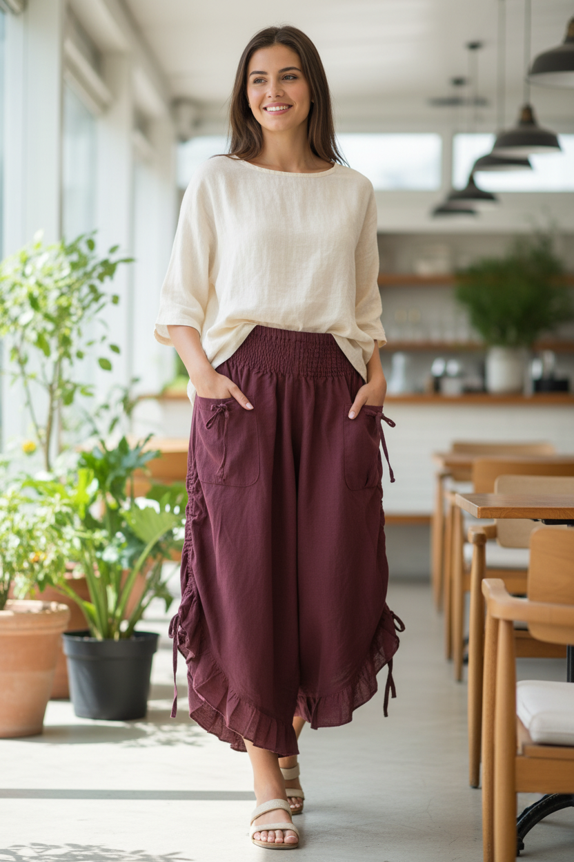 Cotton Wide Leg Bloomer Pants - Solid Colors with Elastic Waist & Tie Pockets