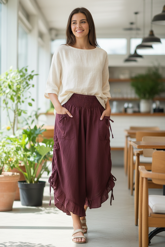 Ladies Celina brand cotton wide leg Bloomer pants with elastic waist, tie pockets and legs