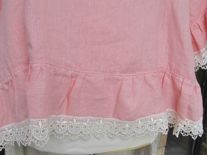 Ladies 100% Pink Linen Ruffle Rosie Top with Venise Lace