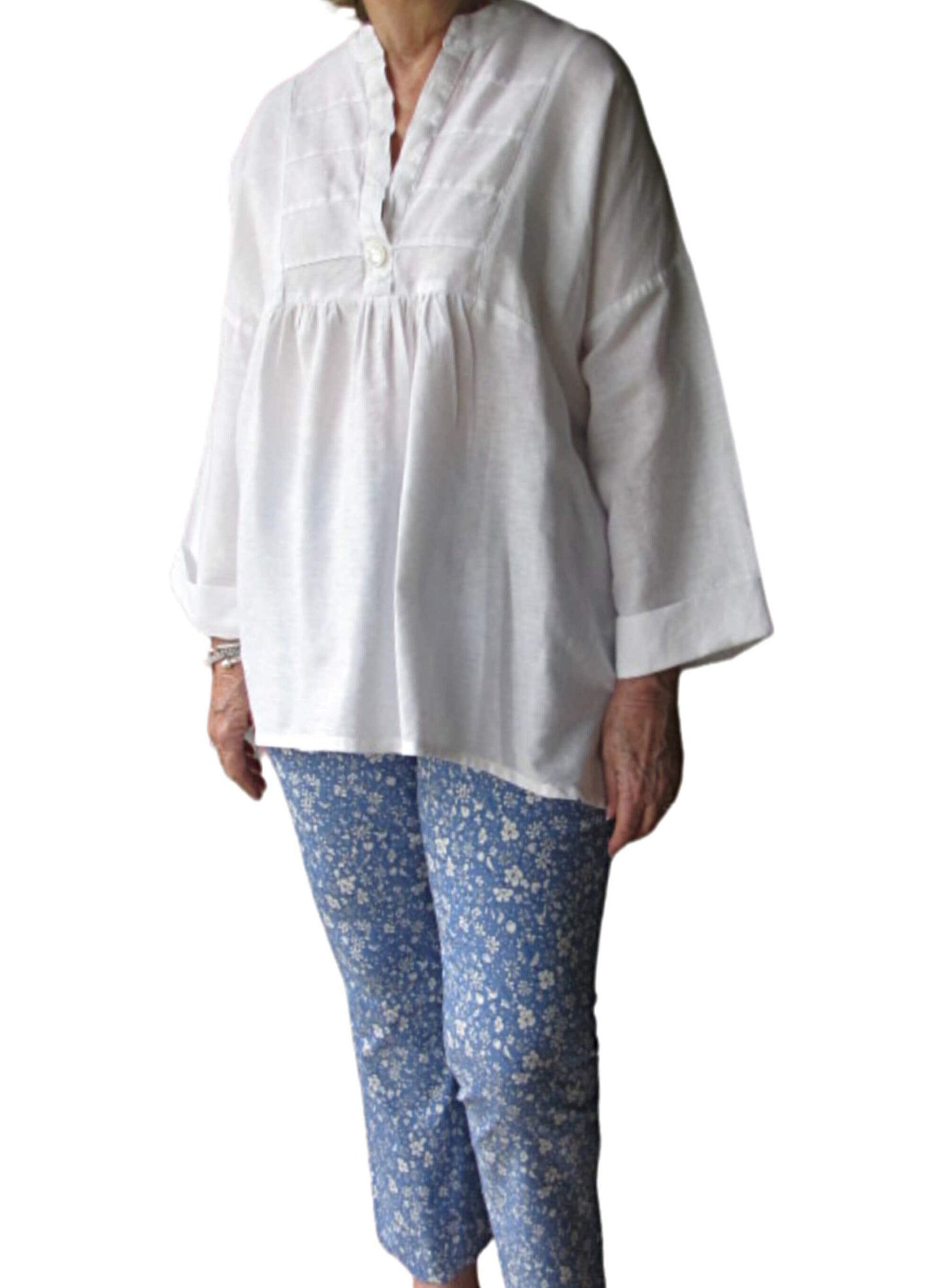 Linen Tunic Top, 3/4 Sleeve, Loose Fit (Fits up to Size 16)