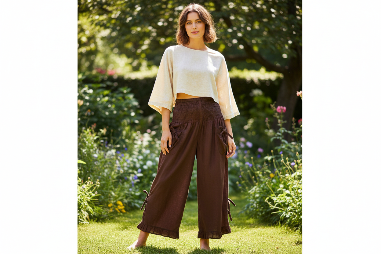 Cotton Wide Leg Bloomer Pants - Solid Colors with Elastic Waist & Tie Pockets