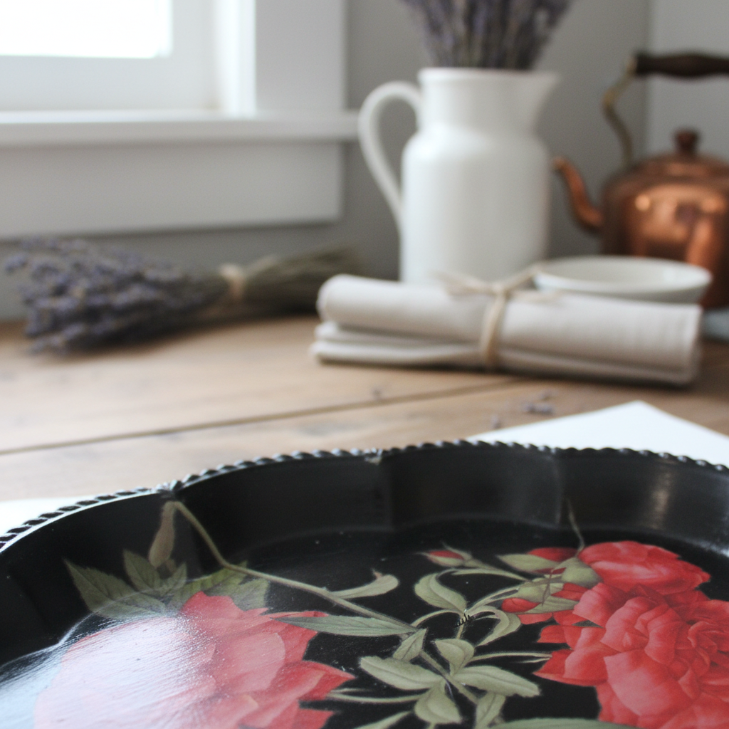 Black and red tole tray style tray