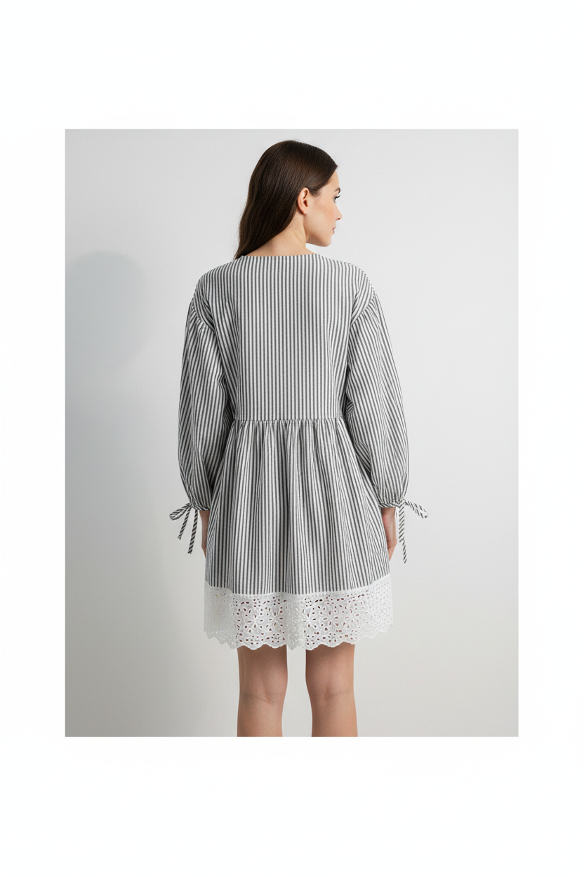 Black and White Striped Cotton Ticking Tunic Dress - Penelope