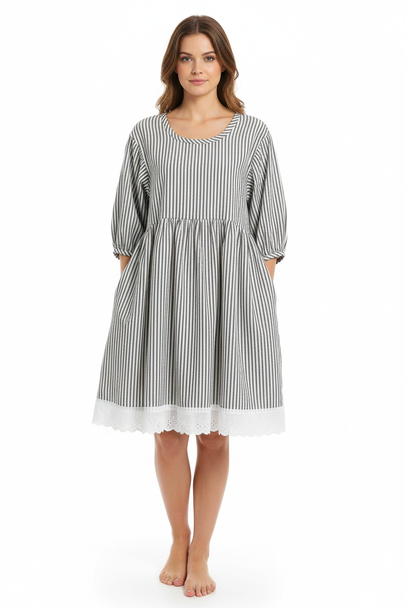 Black and White Striped Cotton Ticking Tunic Dress - Penelope