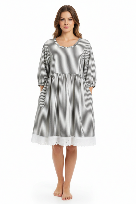 Black and White Striped Cotton Ticking Tunic Dress - Penelope
