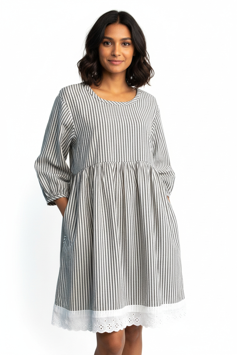 Black and White Striped Cotton Ticking Tunic Dress - Penelope