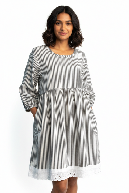 Black and White Striped Cotton Ticking Tunic Dress - Penelope