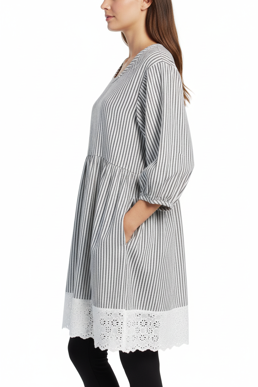 Black and White Striped Cotton Ticking Tunic Dress - Penelope