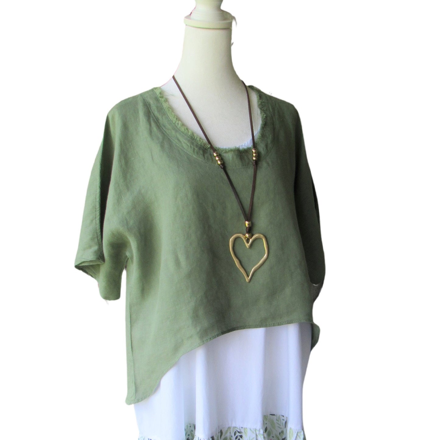 Green Linen Hi-Low Topper - Frayed Neckline, Lightweight Layering