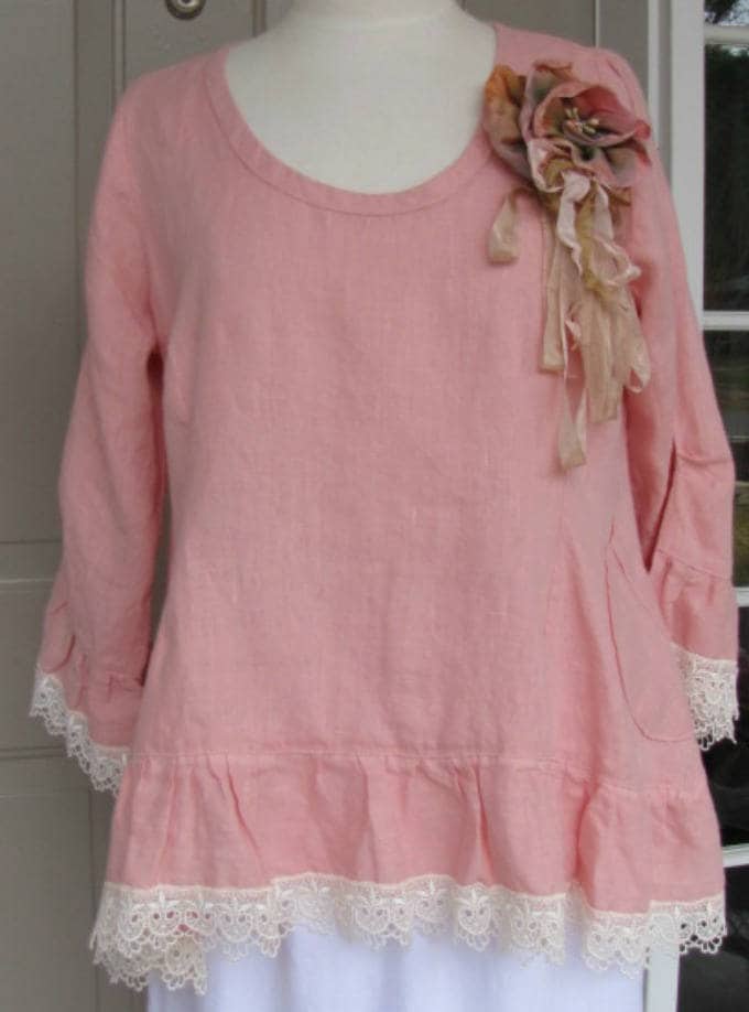 Ladies 100% Pink Linen Ruffle Rosie Top with Venise Lace